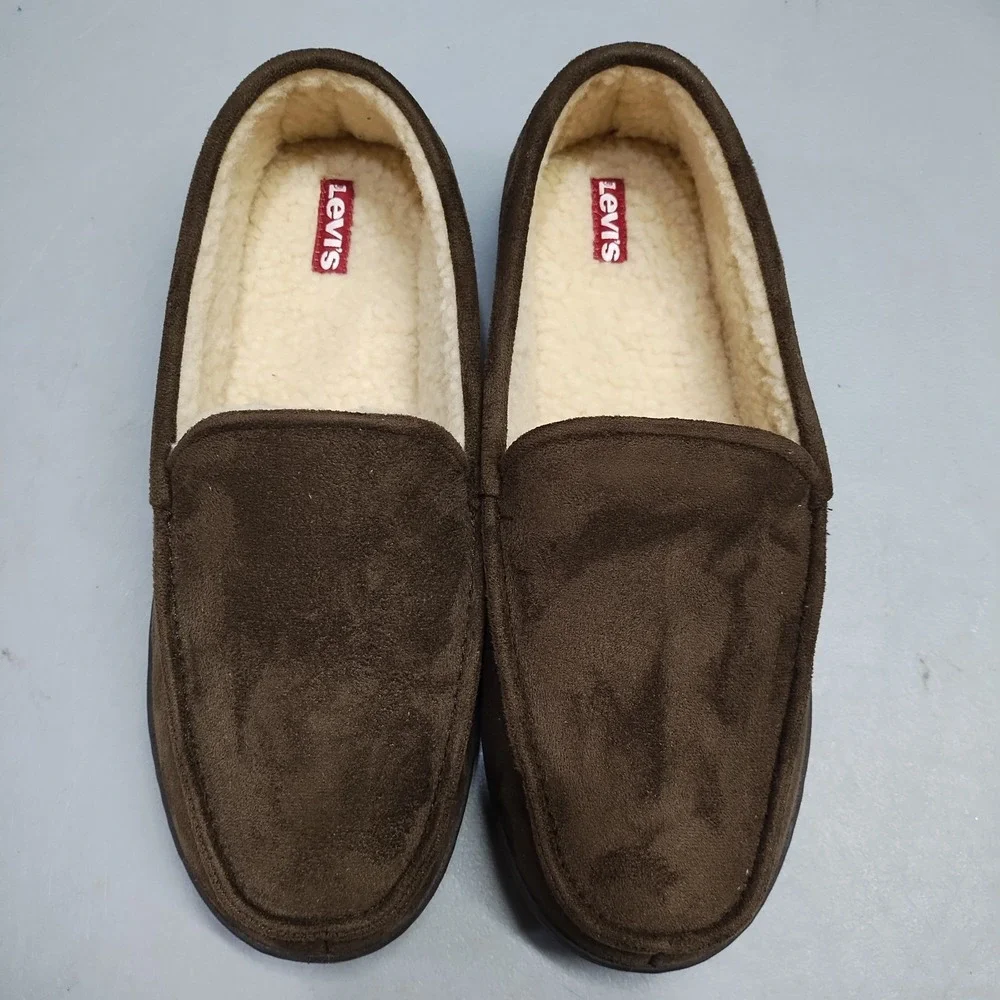 Levi's Fields Microsuede Slippers Mens XL (11-12) Brown Faux Fur Lined Moc Toe